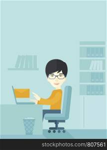 Young happy japanese man sitting in front of a table with computer laptop and thinking what to write in e-mail inside his office. A Contemporary style with pastel palette, soft blue tinted background. Vector flat design illustration. Vertical layout with text space on top part.. Young happy japanese man