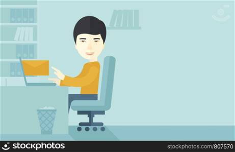 Young happy japanese man sitting in front of a table with computer laptop and thinking what to write in e-mail inside his office. A Contemporary style with pastel palette, soft blue tinted background. Vector flat design illustration. Horizontal layout with text space in right side.. Young happy japanese man