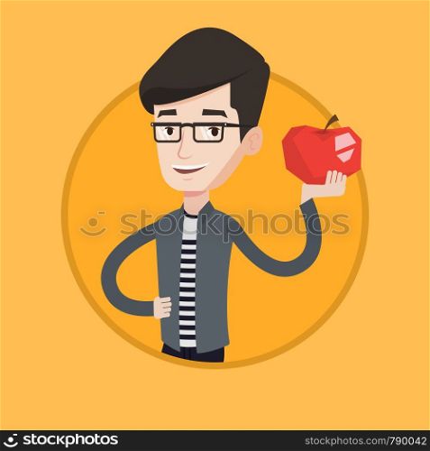 Young happy man holding an apple in hand. Cheerful man eating an apple. Smiling caucasian man enjoying fresh healthy red apple. Vector flat design illustration in the circle isolated on background.. Young man holding apple vector illustration.