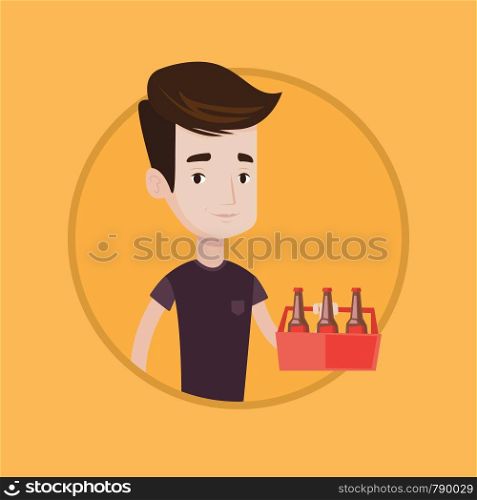 Young happy man holding pack of beer. Cheerful man carrying a six pack of beer. Caucasian man buying beer. Vector flat design illustration in the circle isolated on background.. Man with pack of beer vector illustration.