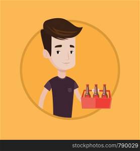 Young happy man holding pack of beer. Cheerful man carrying a six pack of beer. Caucasian man buying beer. Vector flat design illustration in the circle isolated on background.. Man with pack of beer vector illustration.