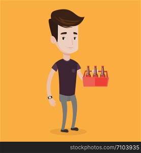 Young happy man holding pack of beer. Full length of cheerful man carrying a six pack of beer. Vector flat design illustration. Square layout.. Man with pack of beer vector illustration.