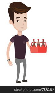 Young happy man holding pack of beer. Full length of cheerful man carrying a six pack of beer. Caucasian man buying beer. Vector flat design illustration isolated on white background.. Man with pack of beer vector illustration.