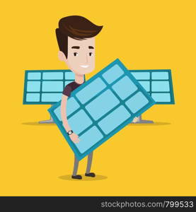 Young happy man holding solar panel in hands. Man with solar panel in hands standing on background of solar power plant. Green energy concept. Vector flat design illustration. Square layout.. Man holding solar panel vector illustration.