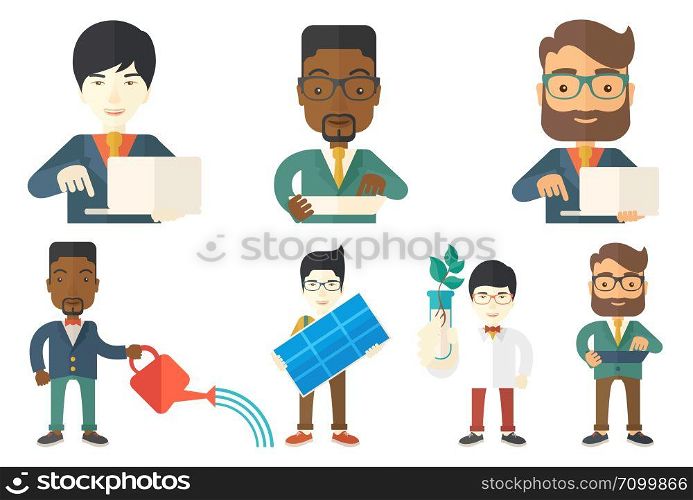 Young happy man holding solar panel in hands. Man with solar panel in hands. Worker of solar power plant. Green energy concept. Set of vector flat design illustrations isolated on white background.. Vector set of characters on ecology issues.