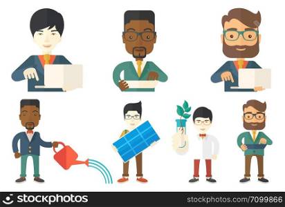 Young happy man holding solar panel in hands. Man with solar panel in hands. Worker of solar power plant. Green energy concept. Set of vector flat design illustrations isolated on white background.. Vector set of characters on ecology issues.