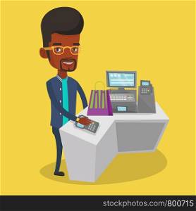 Young happy man paying wireless with his smart watch at the checkout counter. African-american customer making payment for purchase with smart watch. Vector flat design illustration. Square layout.. Man paying wireless with smart watch.