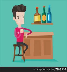 Young happy man sitting at the bar counter. Man sitting with glass in bar. Cheerful man sitting alone and celebrating with an alcohol drinks at the bar. Vector flat design illustration. Square layout.. Man sitting at the bar counter vector illustration