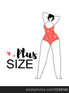 Young Happy Plus Size Woman Wearing Red Swimming Suit with Hands Behind of Head Stand on White Background with Hearts. Body Positive Thinking. Love and Acceptance of Own Body Flat Vector Illustration.. Happy Plus Size Woman Wearing Red Swimming Suit