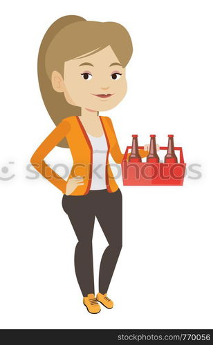 Young happy woman holding pack of beer. Full length of cheerful woman carrying a six pack of beer. Caucasian smiling woman buying beer. Vector flat design illustration isolated on white background.. Woman with pack of beer vector illustration.