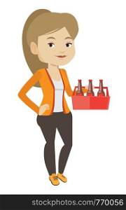 Young happy woman holding pack of beer. Full length of cheerful woman carrying a six pack of beer. Caucasian smiling woman buying beer. Vector flat design illustration isolated on white background.. Woman with pack of beer vector illustration.