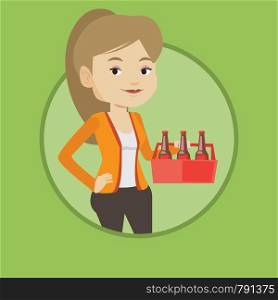 Young happy woman holding pack of beer. Full length of woman carrying a six pack of beer. Caucasian smiling woman buying beer. Vector flat design illustration in the circle isolated on background.. Woman with pack of beer vector illustration.