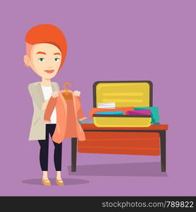 Young happy woman packing her clothes in an opened suitcase. Smiling caucasian woman putting a jacket into a suitcase. Woman preparing for vacation. Vector flat design illustration. Square layout.. Woman packing his suitcase vector illustration.