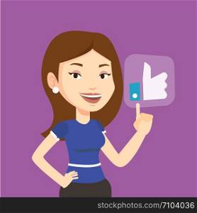 Young happy woman pressing like button. Caucasian woman pressing modern social button with thumb up. Smiling woman pressing social network like button. Vector flat design illustration. Square layout.. Woman pressing like button vector illustration.