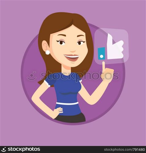Young happy woman pressing like button. Caucasian woman pressing modern social button with thumb up. Social network concept. Vector flat design illustration in the circle isolated on background.. Woman pressing like button vector illustration.