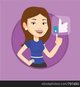 Young happy woman pressing like button. Caucasian woman pressing modern social button with thumb up. Social network concept. Vector flat design illustration in the circle isolated on background.. Woman pressing like button vector illustration.