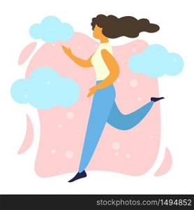Young Happy Woman Running on Pink Background with Blue Clouds. Summer Time Activities, Healthy Lifestyle, Sport, Leisure. Girl Jogging, Morning Exercise, Wight Loss. Cartoon Flat Vector Illustration. Young Happy Woman Running, Girl Jogging Exercise