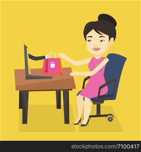 Young happy woman shopping online. Smiling woman making online order in virtual shop. Cheerful asian woman using laptop for online shopping. Vector flat design illustration. Square layout.. Woman shopping online vector illustration.