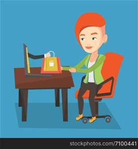 Young happy woman shopping online. Smiling woman making online order in virtual shop. Cheerful caucasian woman using laptop for online shopping. Vector flat design illustration. Square layout.. Woman shopping online vector illustration.