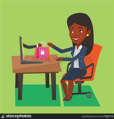 Young happy woman shopping online. Smiling woman making online order in virtual shop. Cheerful african-american woman using laptop for online shopping. Vector flat design illustration. Square layout.. Woman shopping online vector illustration.