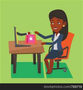 Young happy woman shopping online. Smiling woman making online order in virtual shop. Cheerful african-american woman using laptop for online shopping. Vector flat design illustration. Square layout.. Woman shopping online vector illustration.
