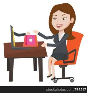 Young happy woman shopping online. Woman getting online order in virtual shop. Cheerful caucasian woman using laptop for online shopping. Vector flat design illustration isolated on white background.. Woman shopping online vector illustration.