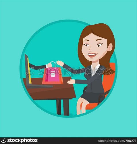 Young happy woman shopping online. Woman getting online order in virtual shop. Caucasian woman using laptop for online shopping. Vector flat design illustration in the circle isolated on background.. Woman shopping online vector illustration.