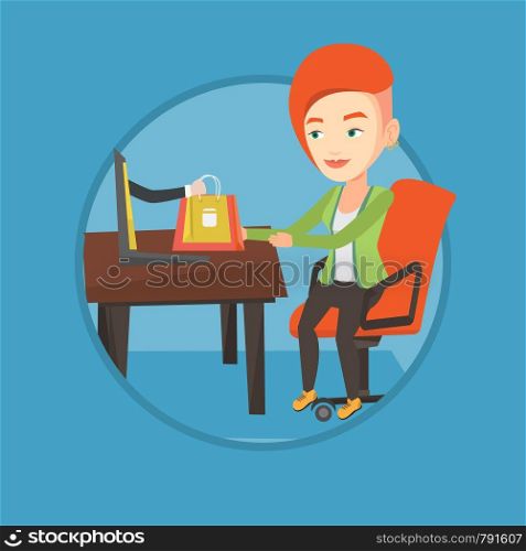Young happy woman shopping online. Woman making online order in virtual shop. Caucasian woman using laptop for online shopping. Vector flat design illustration in the circle isolated on background.. Woman shopping online vector illustration.