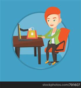 Young happy woman shopping online. Woman making online order in virtual shop. Caucasian woman using laptop for online shopping. Vector flat design illustration in the circle isolated on background.. Woman shopping online vector illustration.