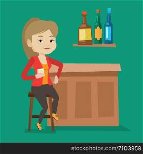 Young happy woman sitting at the bar counter. Woman sitting with glass in bar. Cheerful woman sitting alone and celebrating with an alcohol drink in bar. Vector flat design illustration. Square layout. Woman sitting at the bar counter.