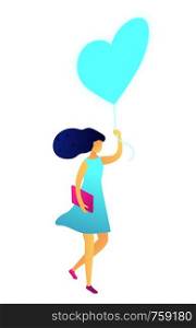 Young happy woman walking with balloon in the shape of heart, tiny people isometric 3D illustration. Celebration, romantic present, birthday and anniversary concept. Isolated on white background.. Young happy woman walking with balloon in the shape of heart isometric 3D illustration.