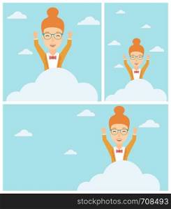 Young happy woman with raised hands sitting on a cloud on the background of blue sky. Cloud computing concept. Vector flat design illustration. Square, horizontal, vertical layouts.. Woman sitting on cloud vector illustration.