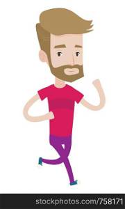 Young hipster athlete with the beard running. Male runner jogging. Caucasian male sportsman running. Sportsman in sportswear running. Vector flat design illustration isolated on white background.. Young man running vector illustration.