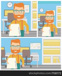 Young hipster businessman giving a resume in office. Man giving to the employer his curriculum vitae. Job interview concept. Vector flat design illustration. Square, horizontal, vertical layouts.. Man giving resume vector illustration.