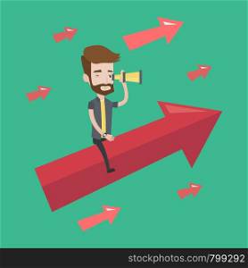 Young hipster businessman sitting on the arrow going up and looking through spyglass. Concept of business vision and moving forward for business growth. Vector flat design illustration. Square layout.. Businessman looking through spyglass.