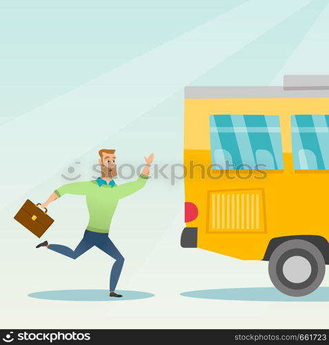 Young hipster businessman with beard chasing a bus. Caucasian businessman running for an outgoing bus. Latecomer businessman running to reach a bus. Vector cartoon illustration. Square layout.. Caucasian latecomer man running for the bus.