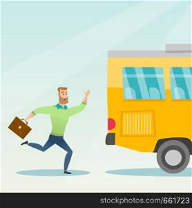 Young hipster businessman with beard chasing a bus. Caucasian businessman running for an outgoing bus. Latecomer businessman running to reach a bus. Vector cartoon illustration. Square layout.. Caucasian latecomer man running for the bus.