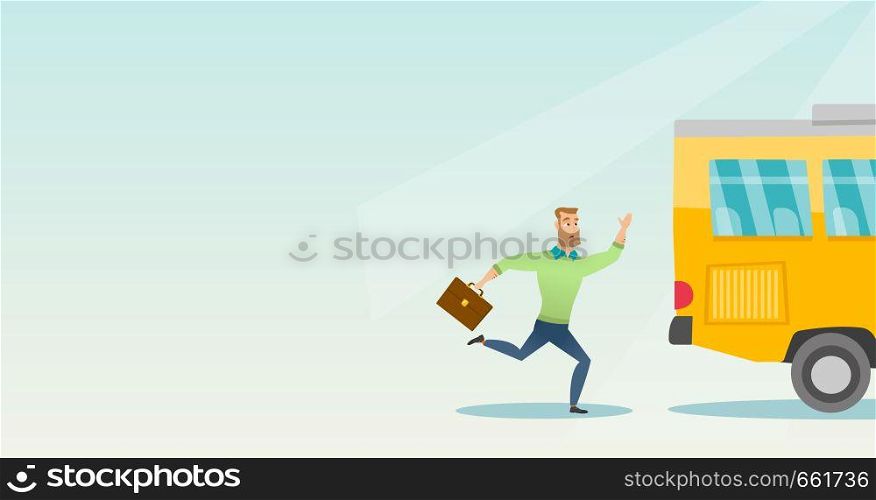 Young hipster businessman with beard chasing a bus. Caucasian businessman running for an outgoing bus. Latecomer businessman running to reach a bus. Vector cartoon illustration. Horizontal layout.. Caucasian latecomer man running for the bus.