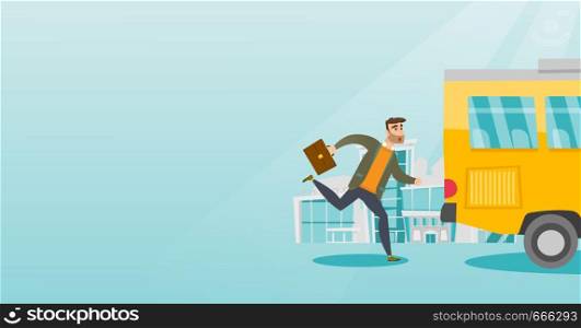 Young hipster businessman with beard chasing a bus. Caucasian businessman running for an outgoing bus. Latecomer businessman running to reach a bus. Vector cartoon illustration. Horizontal layout.. Caucasian latecomer man running for the bus.