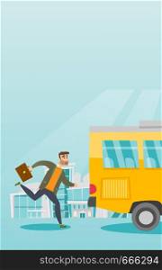 Young hipster businessman with beard chasing a bus. Caucasian businessman running for an outgoing bus. Latecomer businessman running to reach a bus. Vector cartoon illustration. Vertical layout.. Caucasian latecomer man running for the bus.