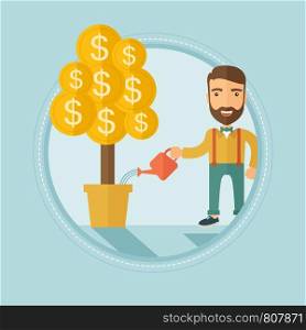 Young hipster businessman with beard watering a money tree and taking care of his finances. Concept of investment, business growth. Vector flat design illustration in the circle isolated on background. Man watering money tree vector illustration.