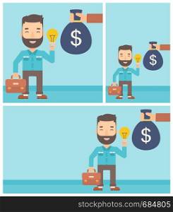 Young hipster businessman with the beard exchanging his idea bulb to money bag. Successful business idea concept. Vector flat design illustration. Square, horizontal, vertical layouts.. Successful business idea.