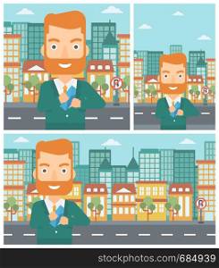 Young hipster businessman with the beard putting an envelope in his pocket on a city background. Vector flat design illustration. Square, horizontal, vertical layouts.. Man putting envelope in pocket vector illustration