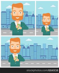 Young hipster businessman with the beard putting money in his pocket on a city background. Vector flat design illustration. Square, horizontal, vertical layouts.. Man putting money in pocket vector illustration.