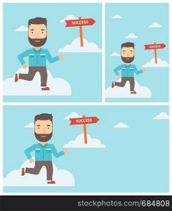 Young hipster businessman with the beard running in the sky near direction sign success. Vector flat design illustration. Square, horizontal, vertical layouts.. Businessman moving to success vector illustration.