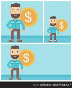 Young hipster businessman with the beard standing with a big dollar coin behind him. Successful business concept. Vector flat design illustration. Square, horizontal, vertical layouts.. Successful businessman with dollar coin.