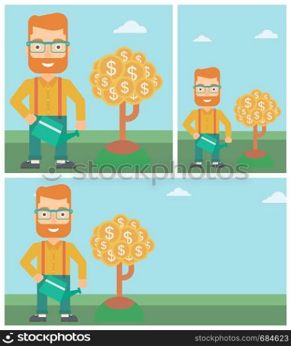 Young hipster businessman with the beard watering a money tree. Successful business concept. Vector flat design illustration. Square, horizontal, vertical layouts.. Man watering money tree vector illustration.