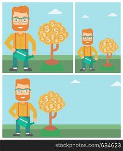 Young hipster businessman with the beard watering a money tree. Successful business concept. Vector flat design illustration. Square, horizontal, vertical layouts.. Man watering money tree vector illustration.