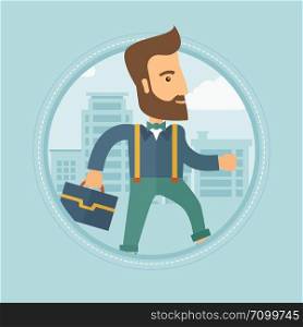 Young hipster caucasian businessman with the beard walking with a briefcase in the street. Businessman walking down the street. Vector flat design illustration in the circle isolated on background.. Successful businessman walking in the city.