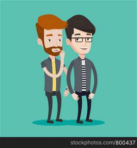 Young hipster caucasian man with the beard shielding his mouth and whispering a gossip in an ear of his friend. Two happy men sharing with secret news. Vector flat design illustration. Square layout.. One man whispering to another secret.
